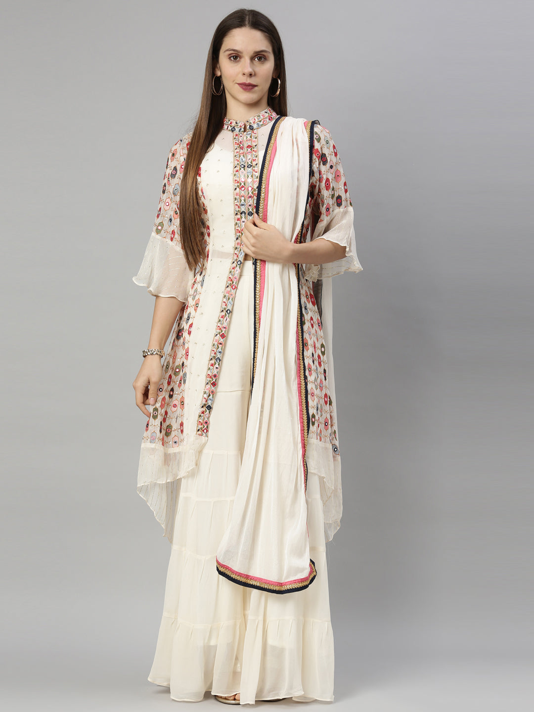 Neeru'S Cream Color, Georgette Fabric Suit-Gharara