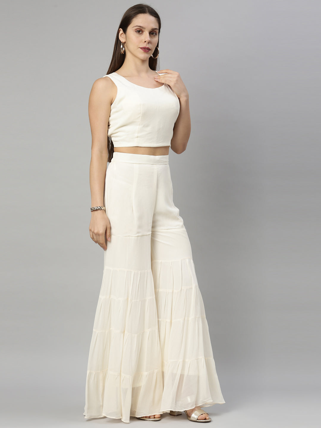 Neeru'S Cream Color, Georgette Fabric Suit-Gharara