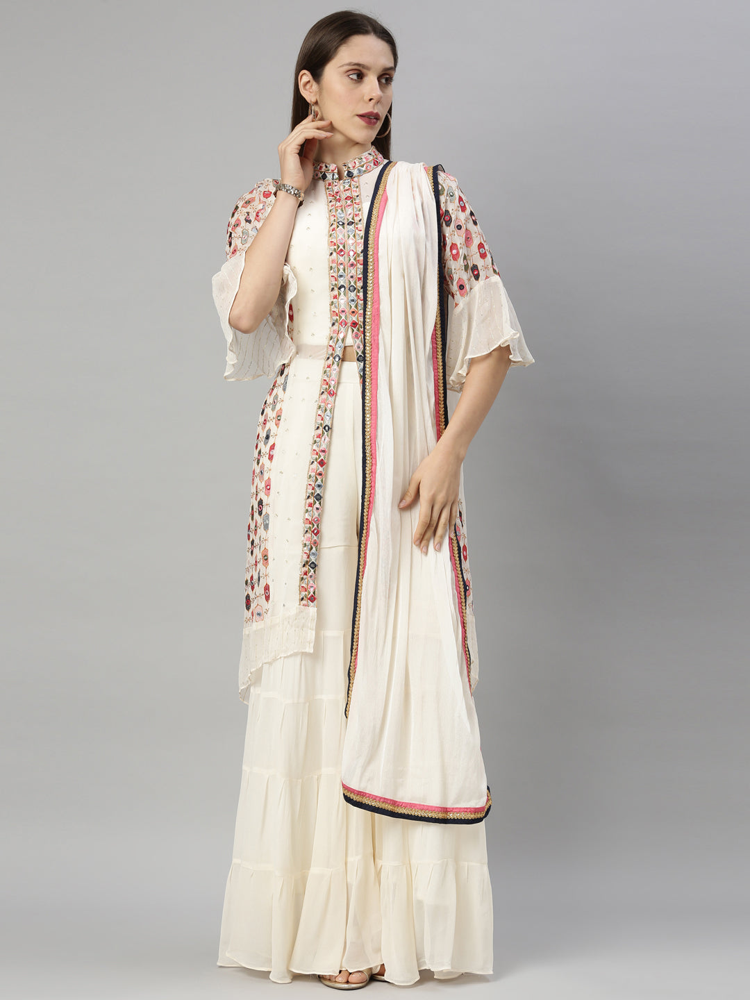 Neeru'S Cream Color, Georgette Fabric Suit-Gharara