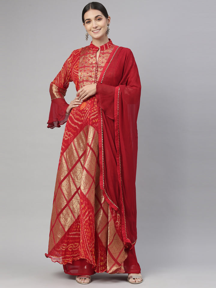 Neerus Red Color Georgette Fabric Kurta Set