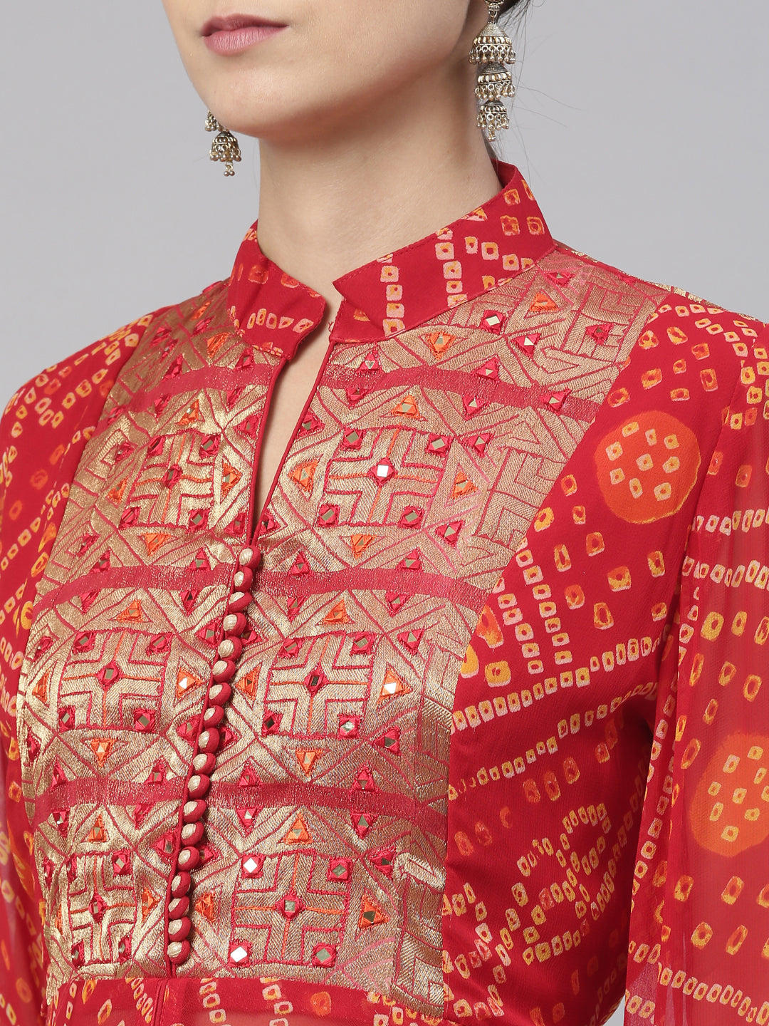 Neerus Red Color Georgette Fabric Kurta Set