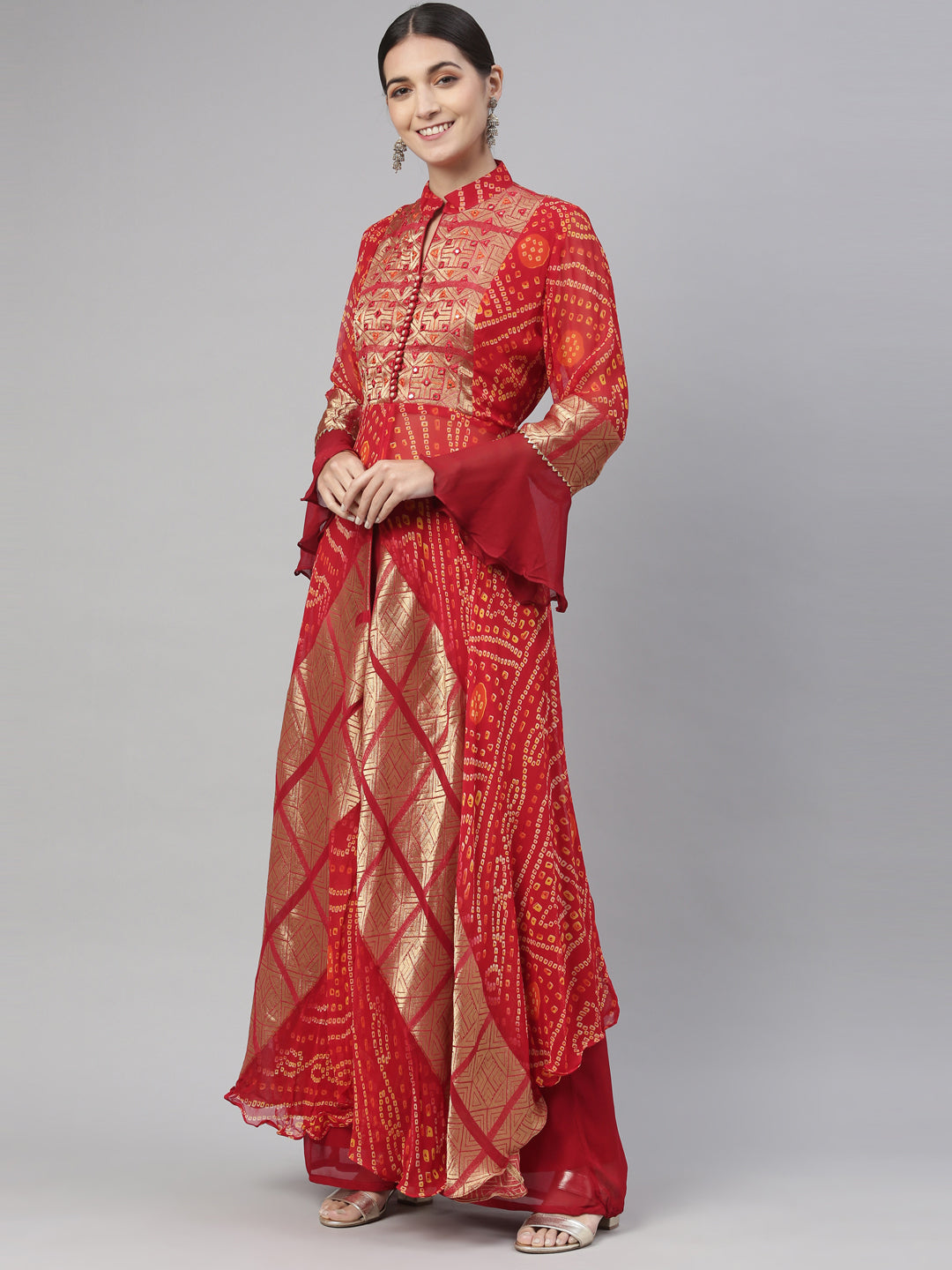 Neerus Red Color Georgette Fabric Kurta Set