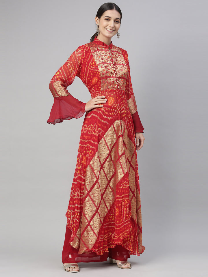 Neerus Red Color Georgette Fabric Kurta Set