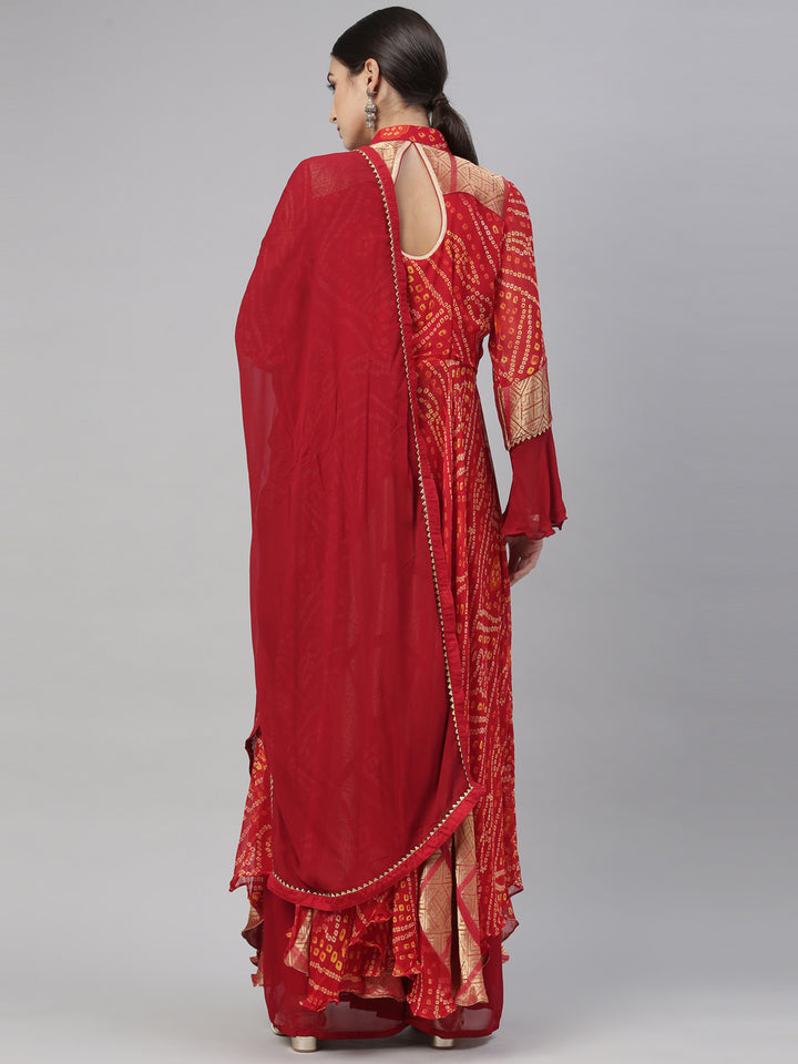 Neerus Red Color Georgette Fabric Kurta Set