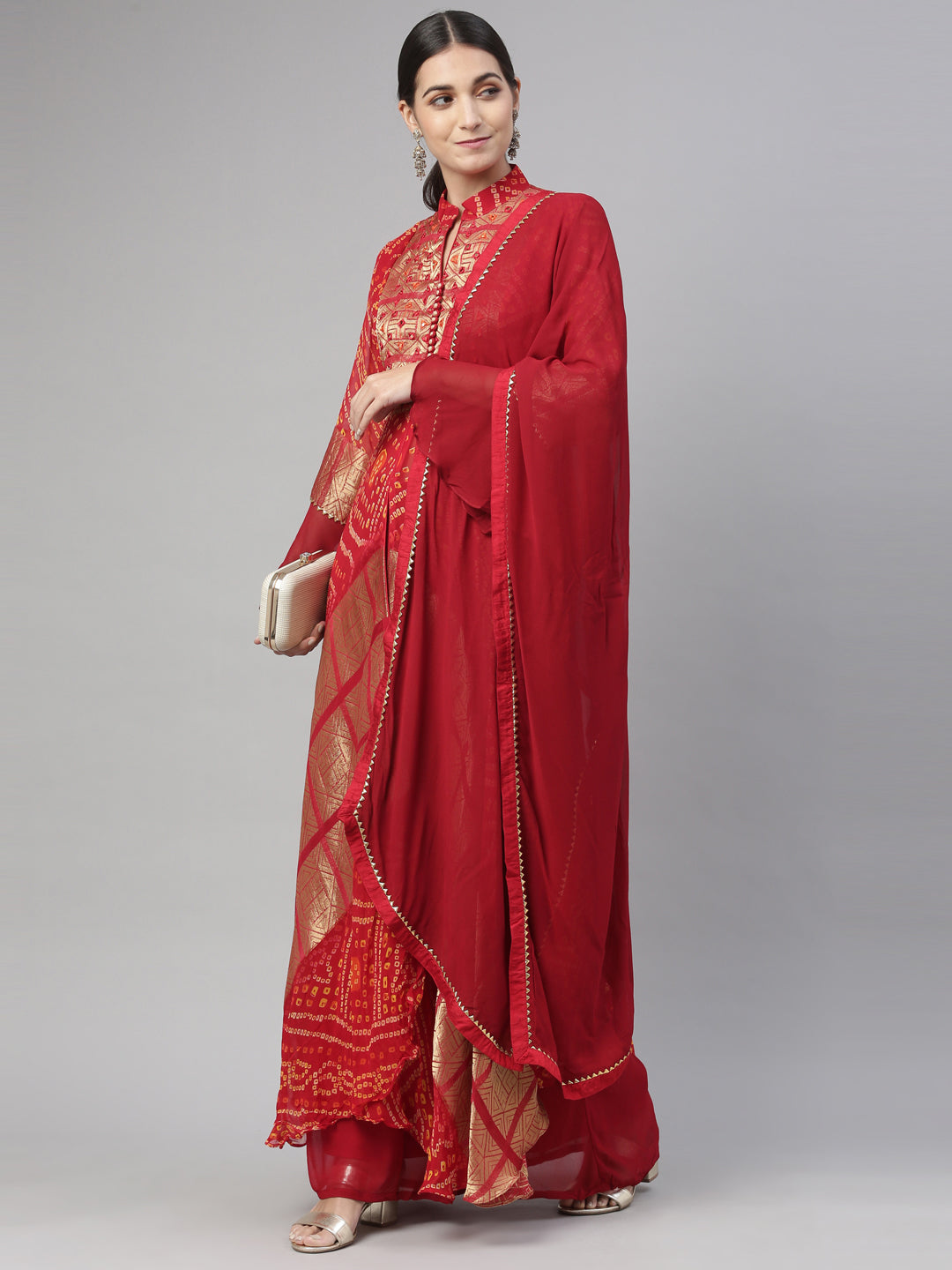 Neerus Red Color Georgette Fabric Kurta Set