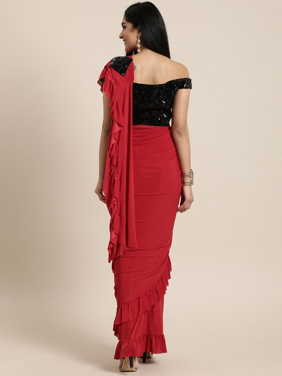 Neerus Red Solid Ready To Wear Saree With Blouse