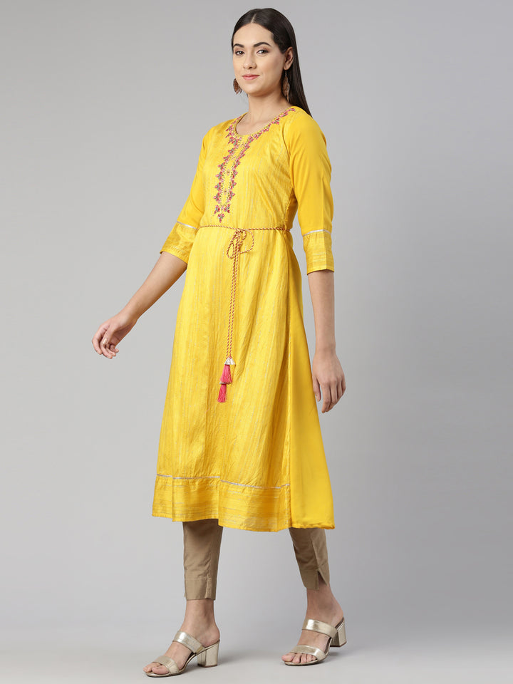 Neerus Mustard Anarkali Straight Cotton Wool Kurtas