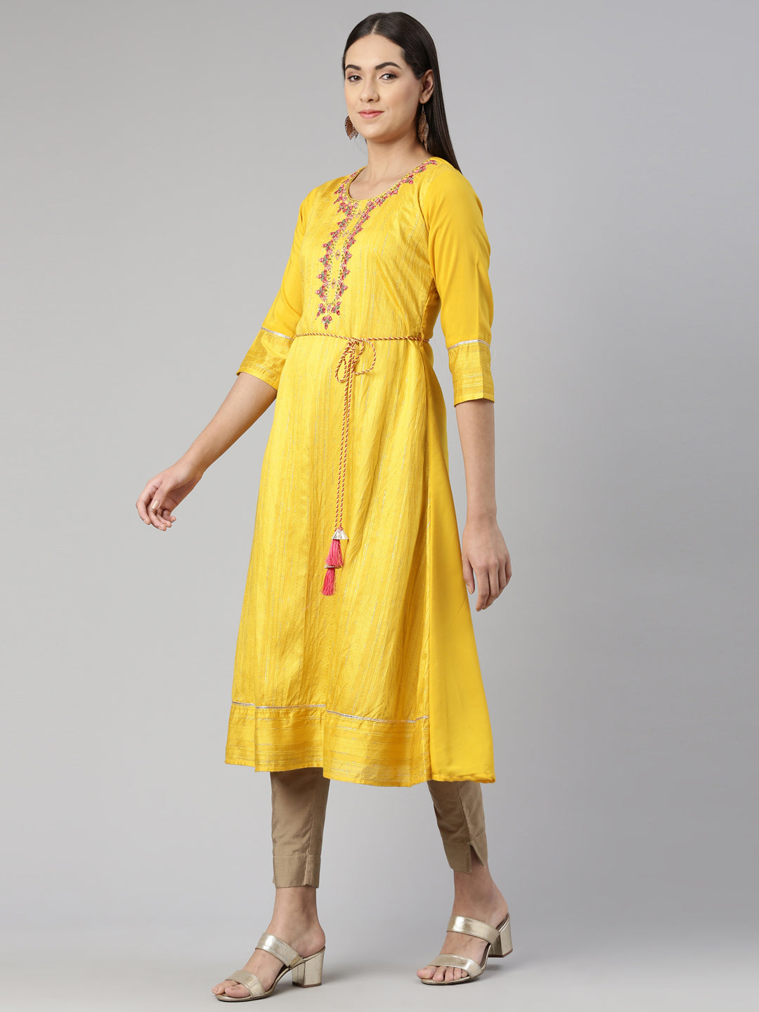 Neeru's Mustard Anarkali Straight Cotton Wool Kurtas