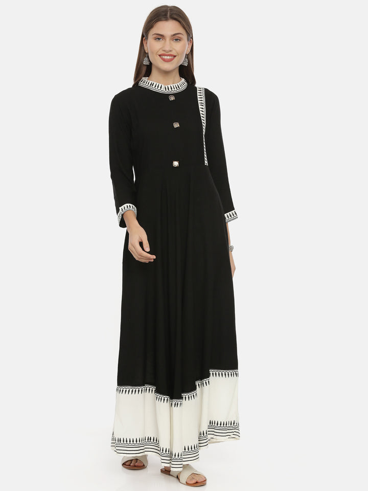 Neerus Black rayon printed anarkali kurta - front view