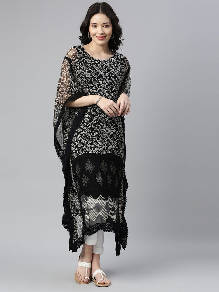 Neerus Black Color Georgette Fabric Kurta