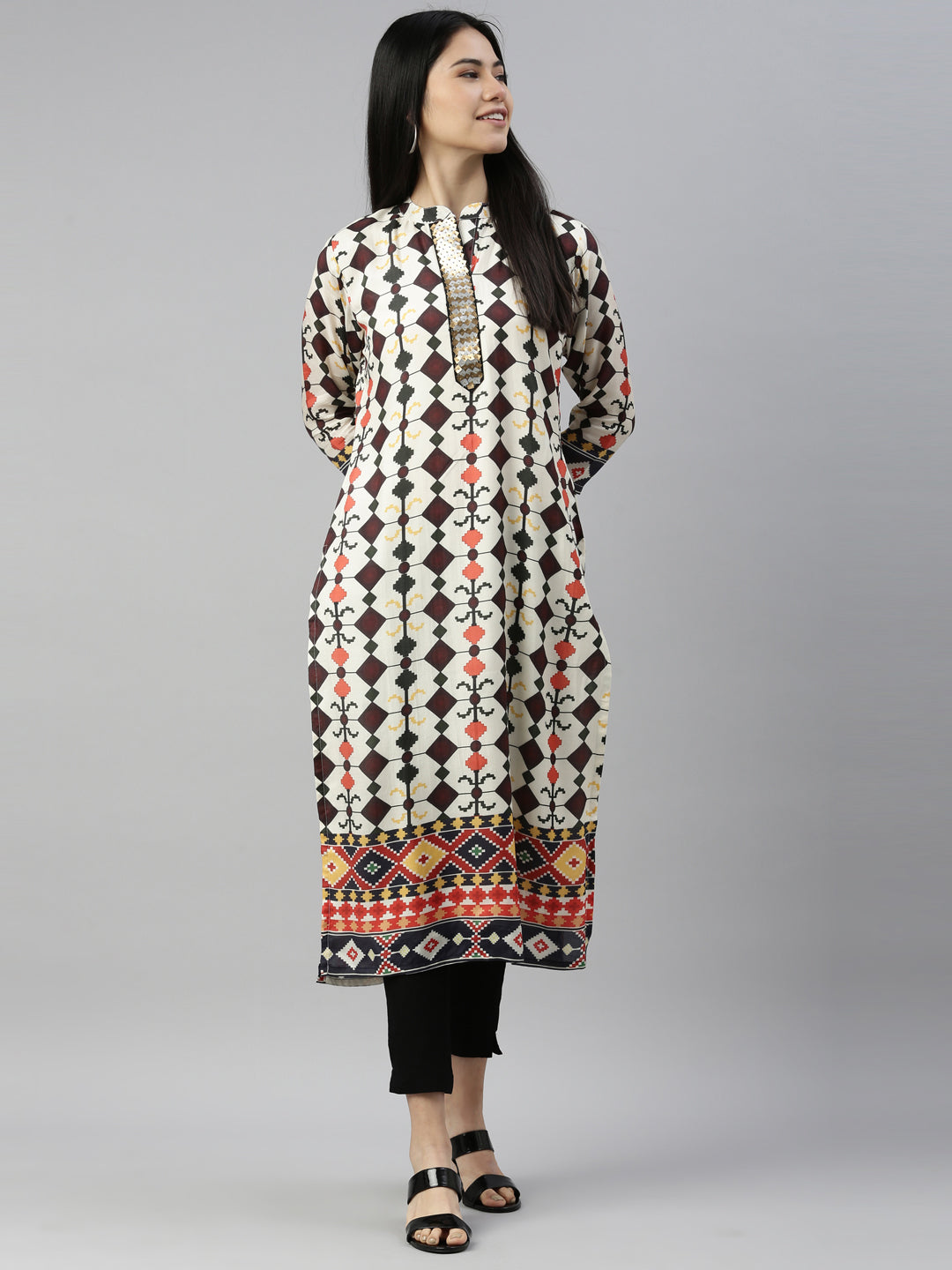Neerus Beige satin solid kurta - front view