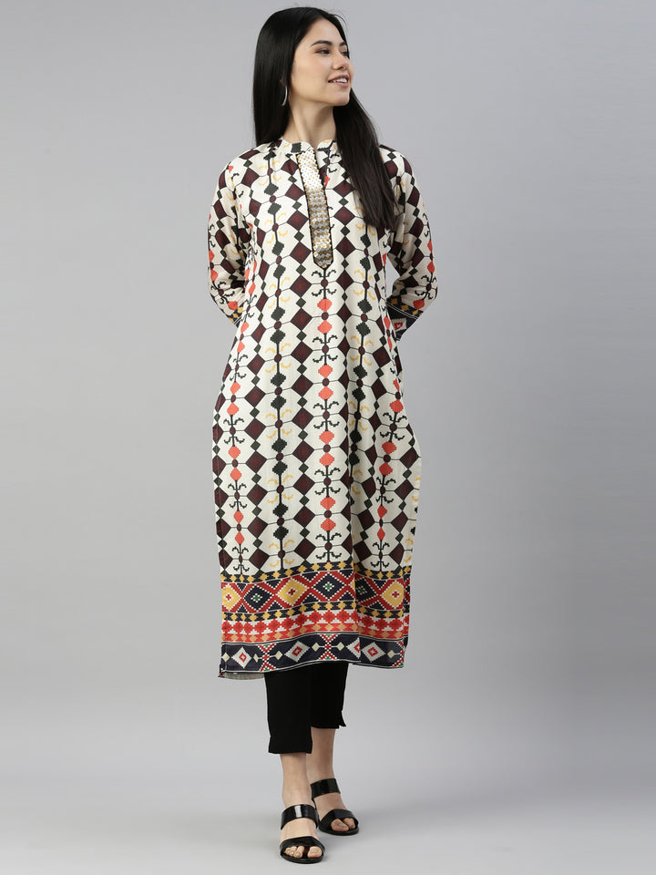 Neerus Beige satin solid kurta - front view