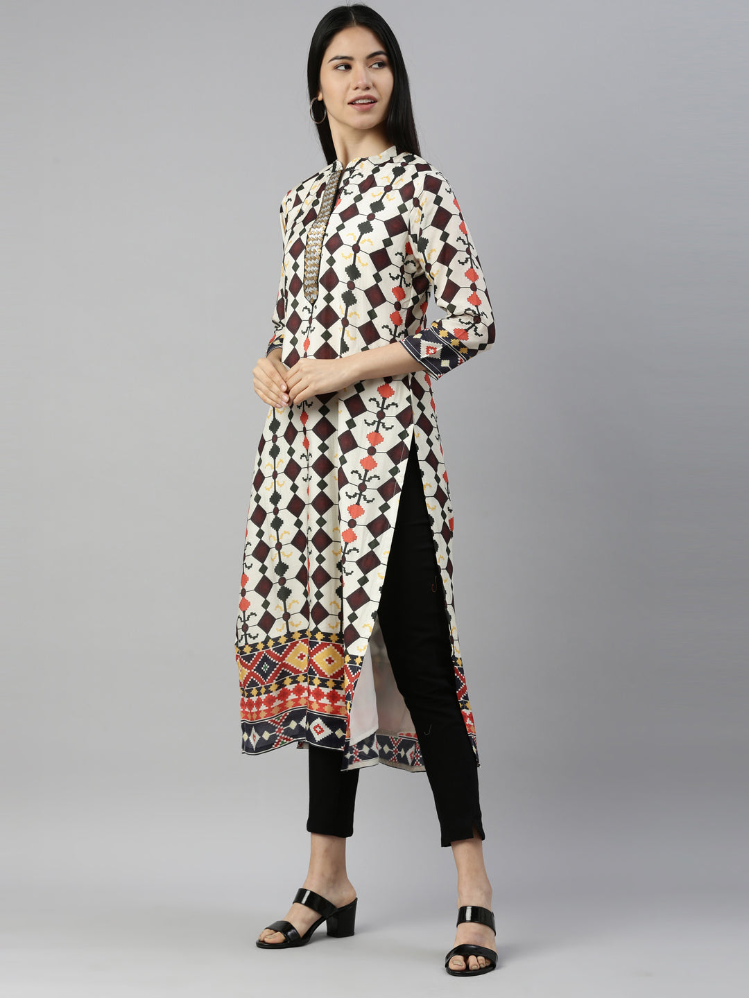 Neerus Beige satin solid kurta - side view