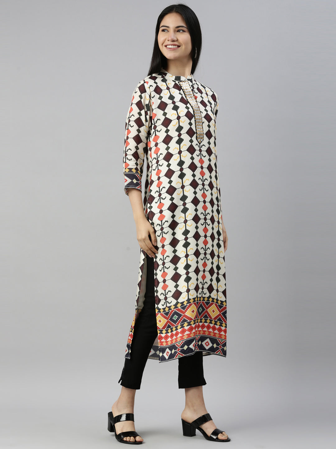 Neerus Beige satin solid kurta - detail view 1