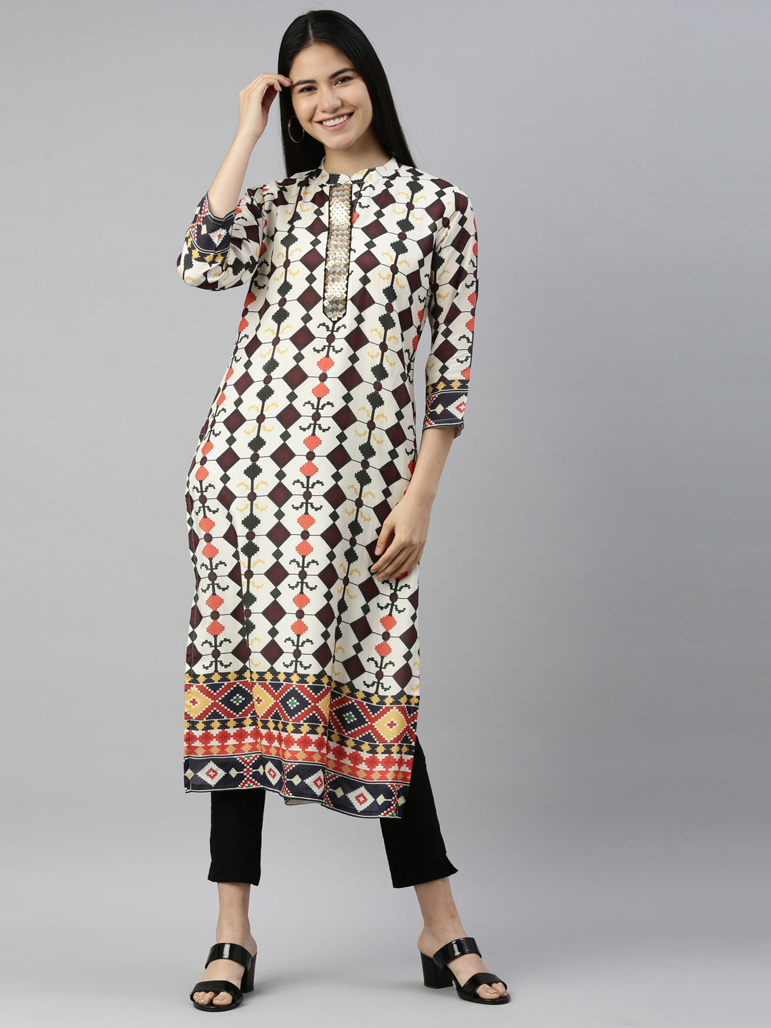 Neerus Beige satin solid kurta - detail view 3