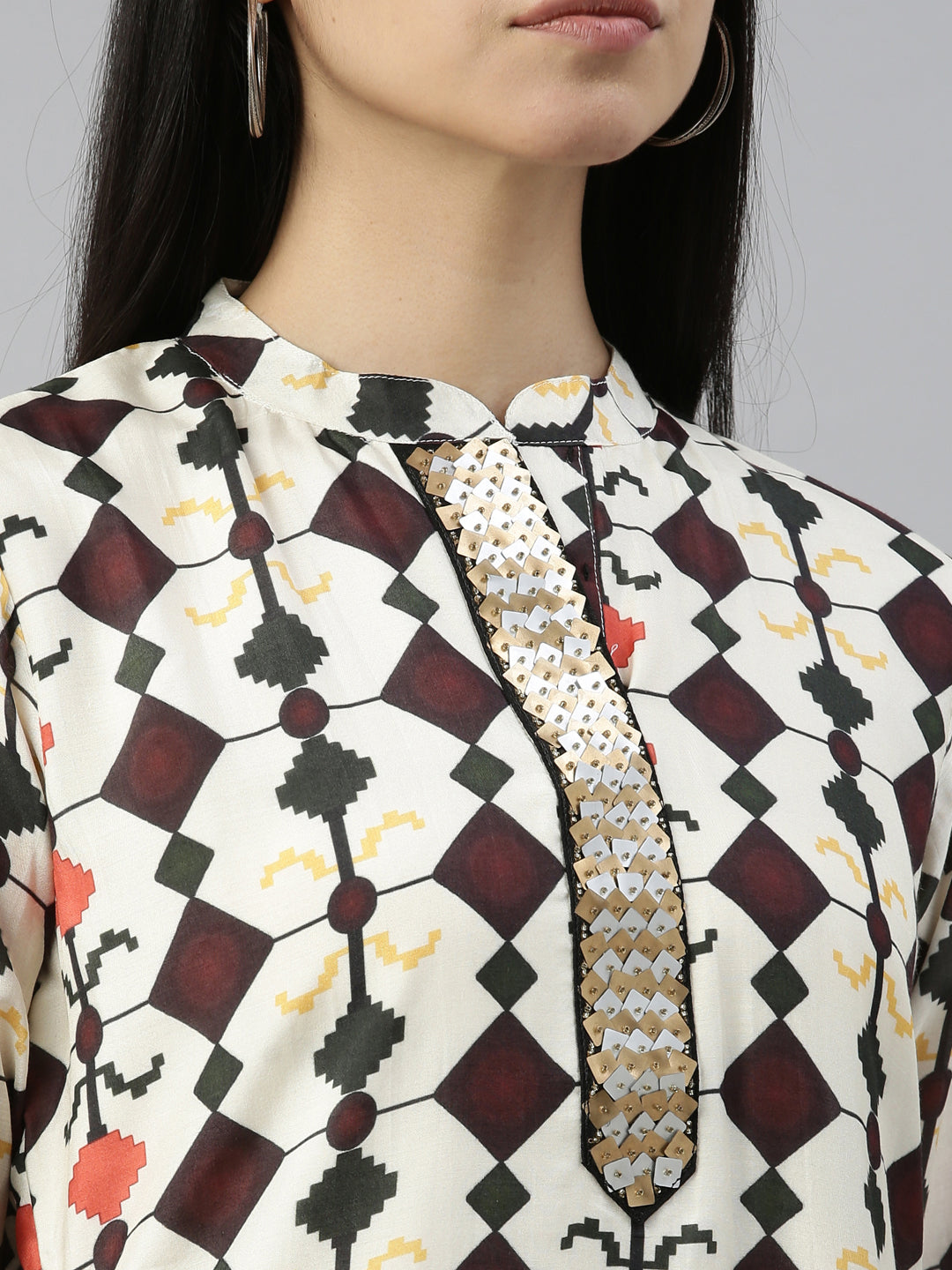 Neerus Beige satin solid kurta - detail view 5