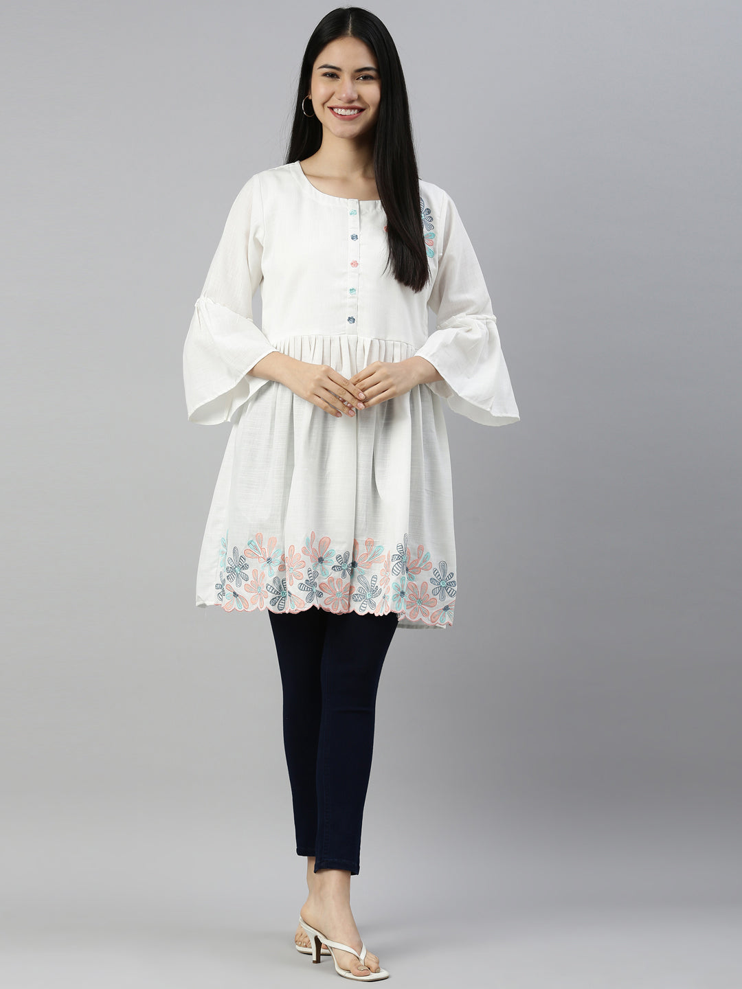 Neerus White Color Cotton Fabric Kurta