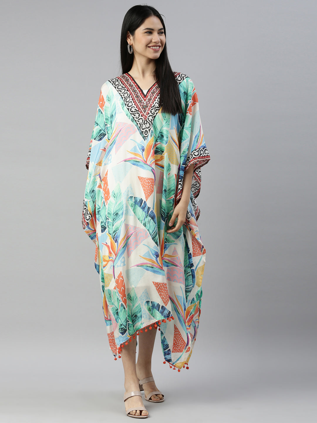 Neerus Multi satin printed kaftan kurti - front view