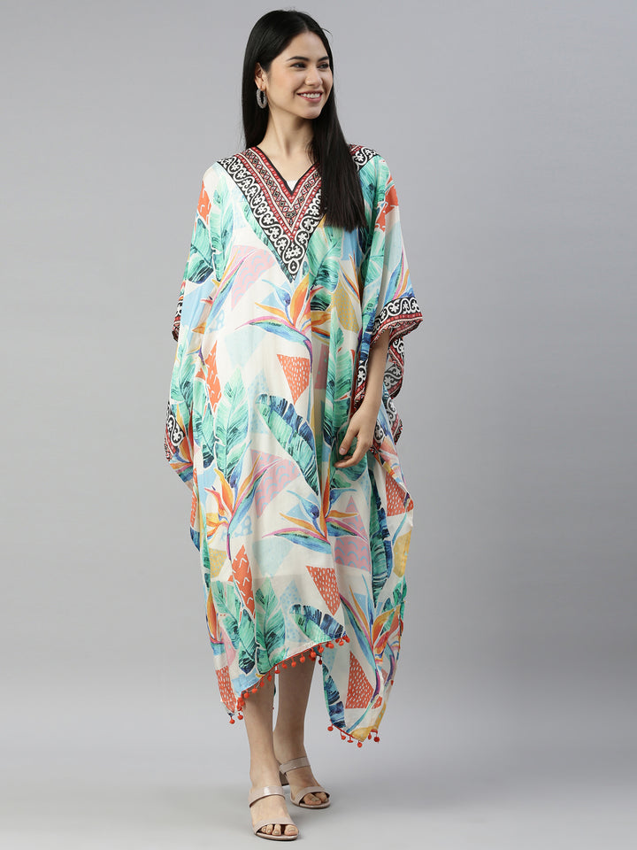 Neerus Multi satin printed kaftan kurti - front view