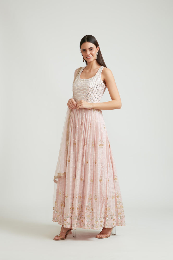 Neerus Baby Pink Color Georgette Fabric Anarkali Suit Set