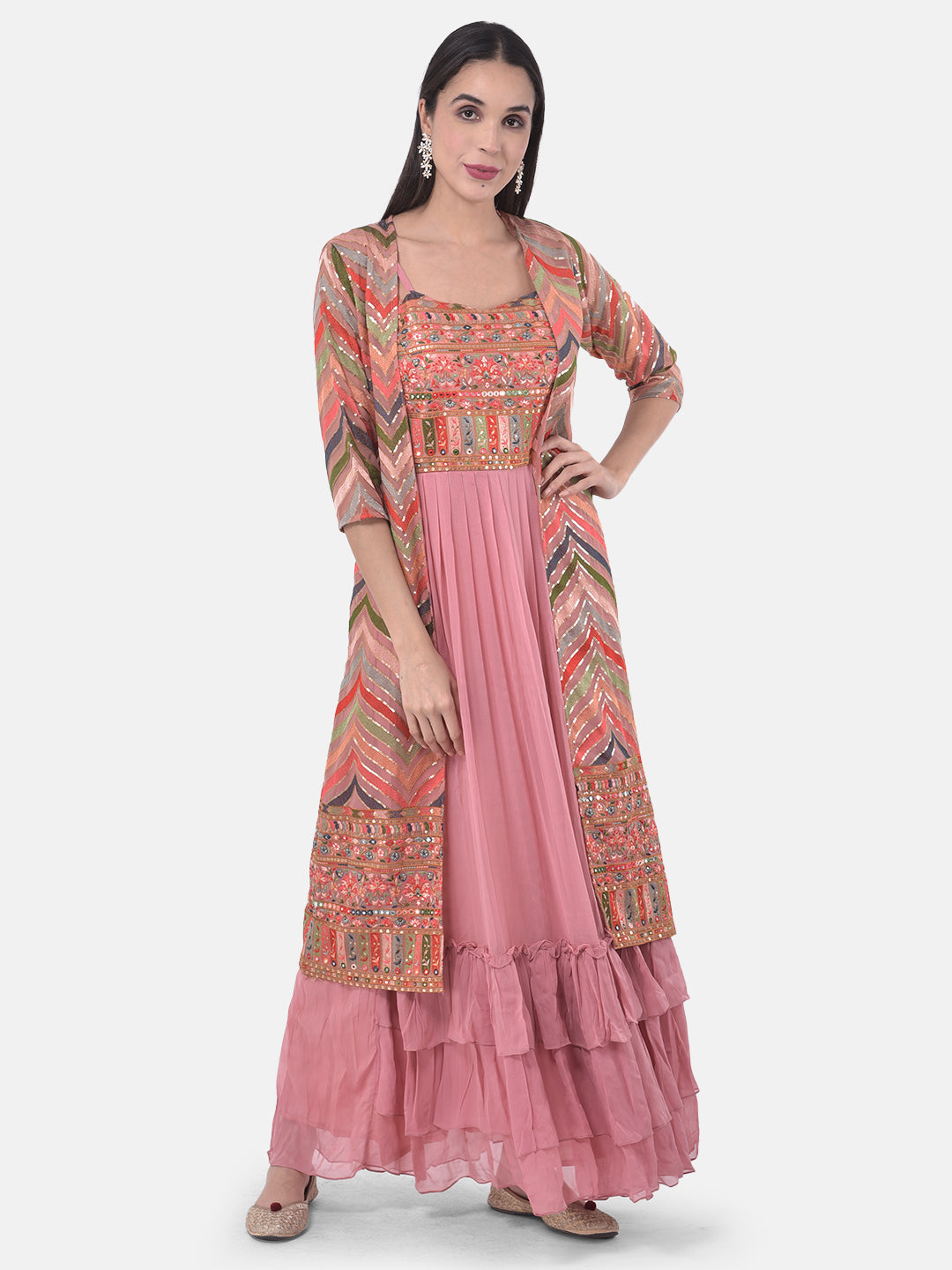 Neerus Pink Georgette Embroidered Suit Set - front view