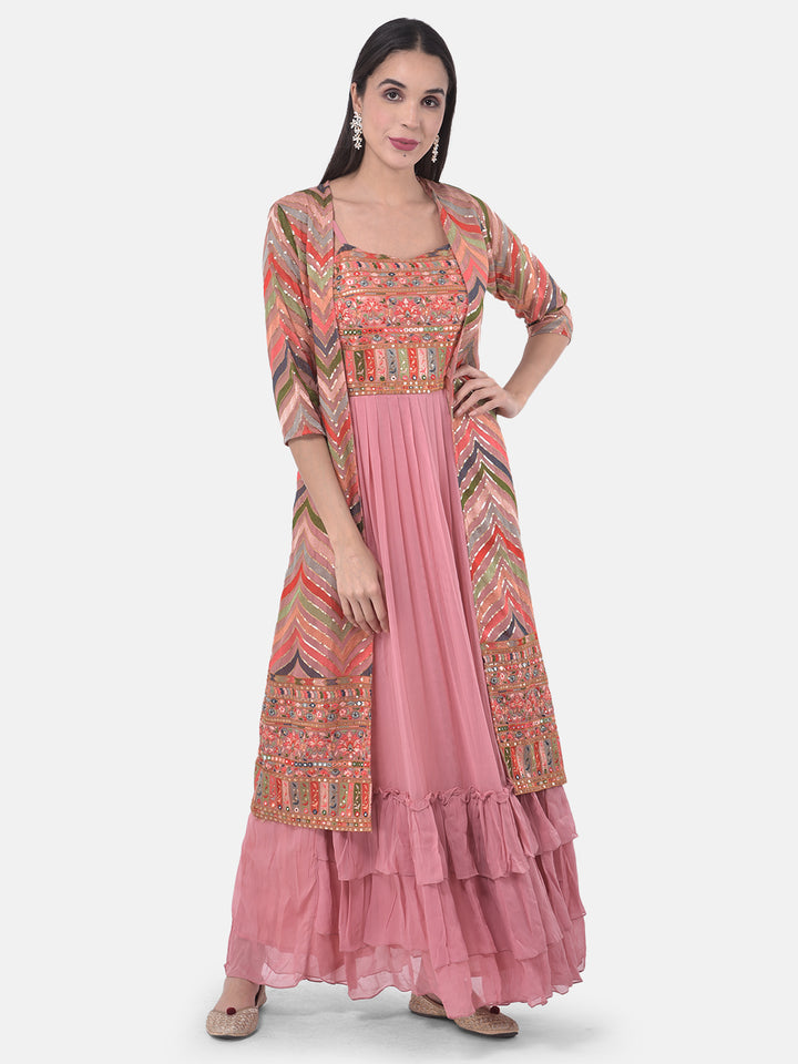 Neerus Pink Georgette Embroidered Suit Set - front view