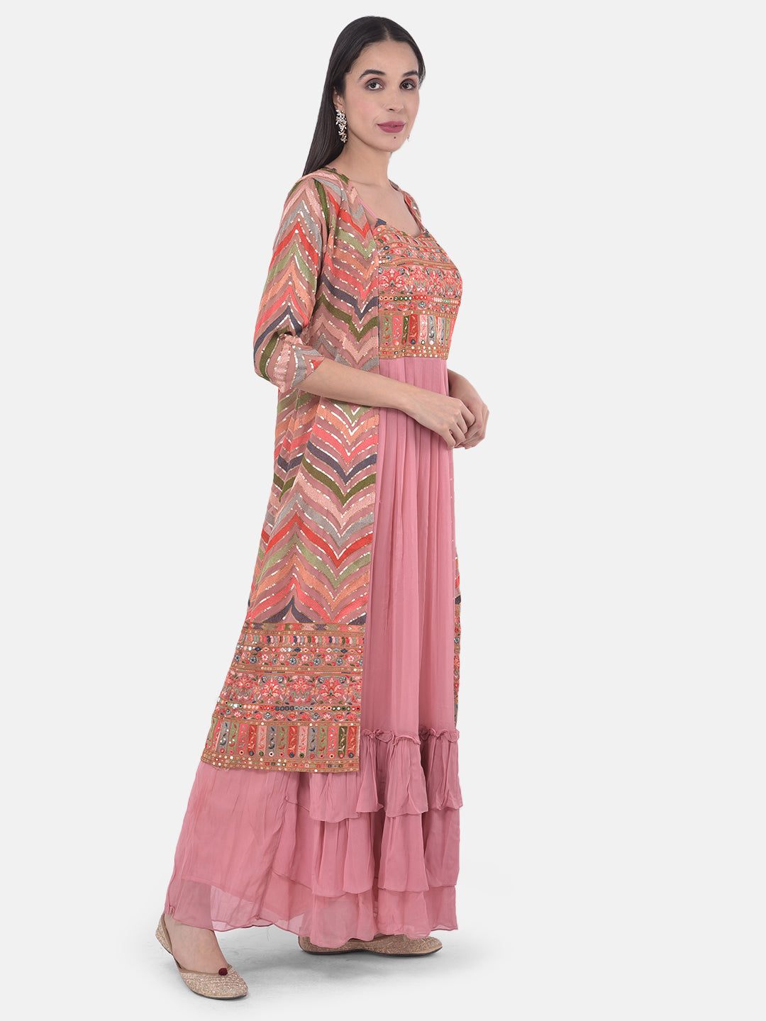 Neerus Pink Georgette Embroidered Suit Set - back view