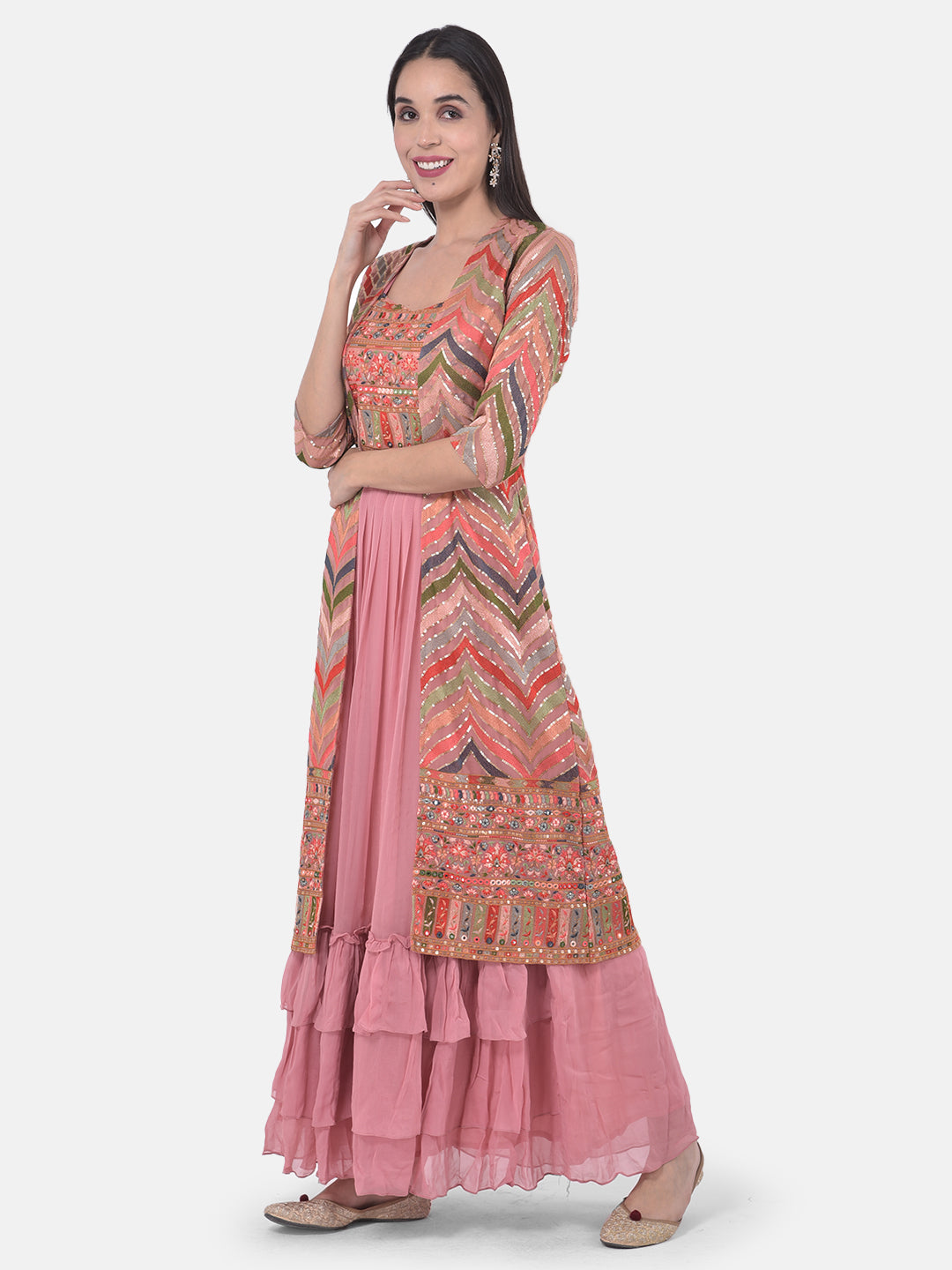 Neerus Pink Georgette Embroidered Suit Set - side view
