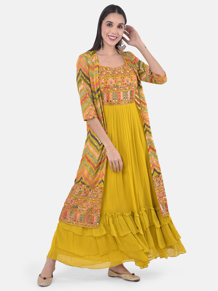 Neerus Yellow Embroidered Flared Kurta With Shrug