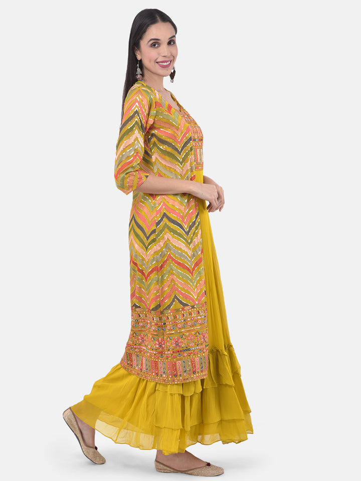 Neerus Yellow Embroidered Flared Kurta With Shrug