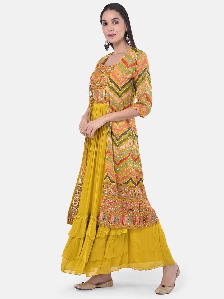 Neerus Yellow Embroidered Flared Kurta With Shrug