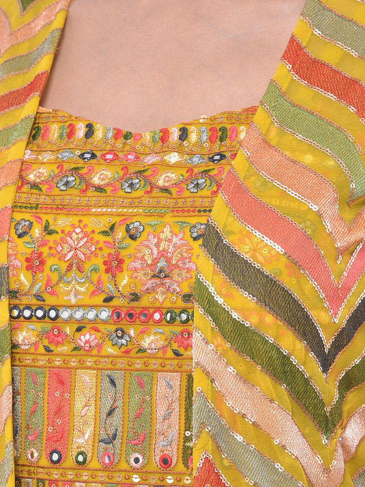 Neerus Yellow Embroidered Flared Kurta With Shrug
