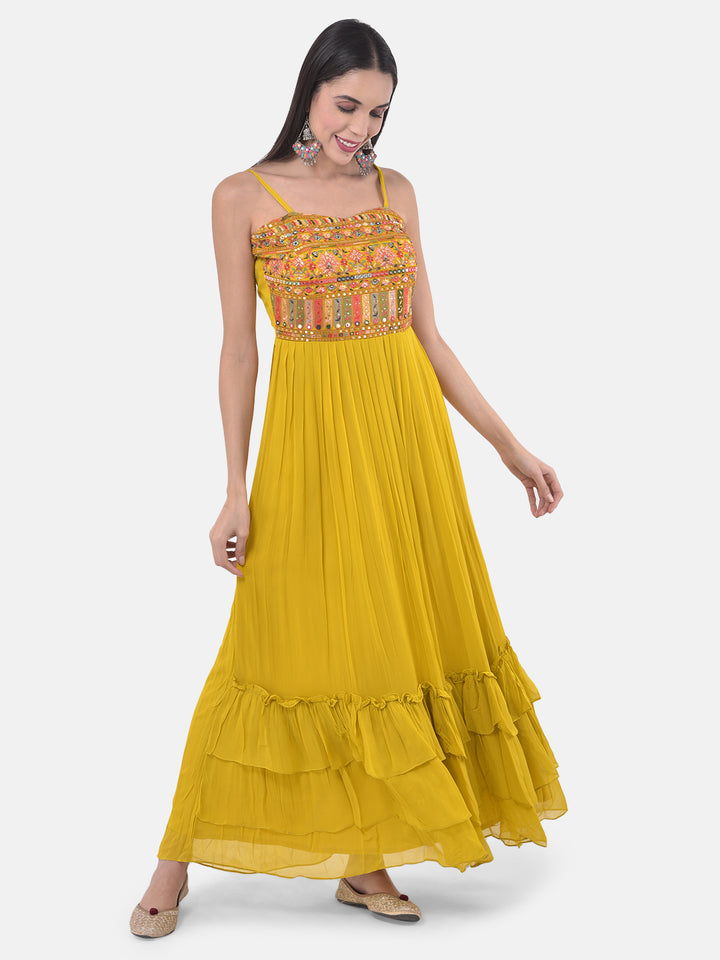 Neerus Yellow Embroidered Flared Kurta With Shrug