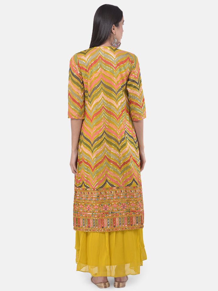 Neerus Yellow Embroidered Flared Kurta With Shrug