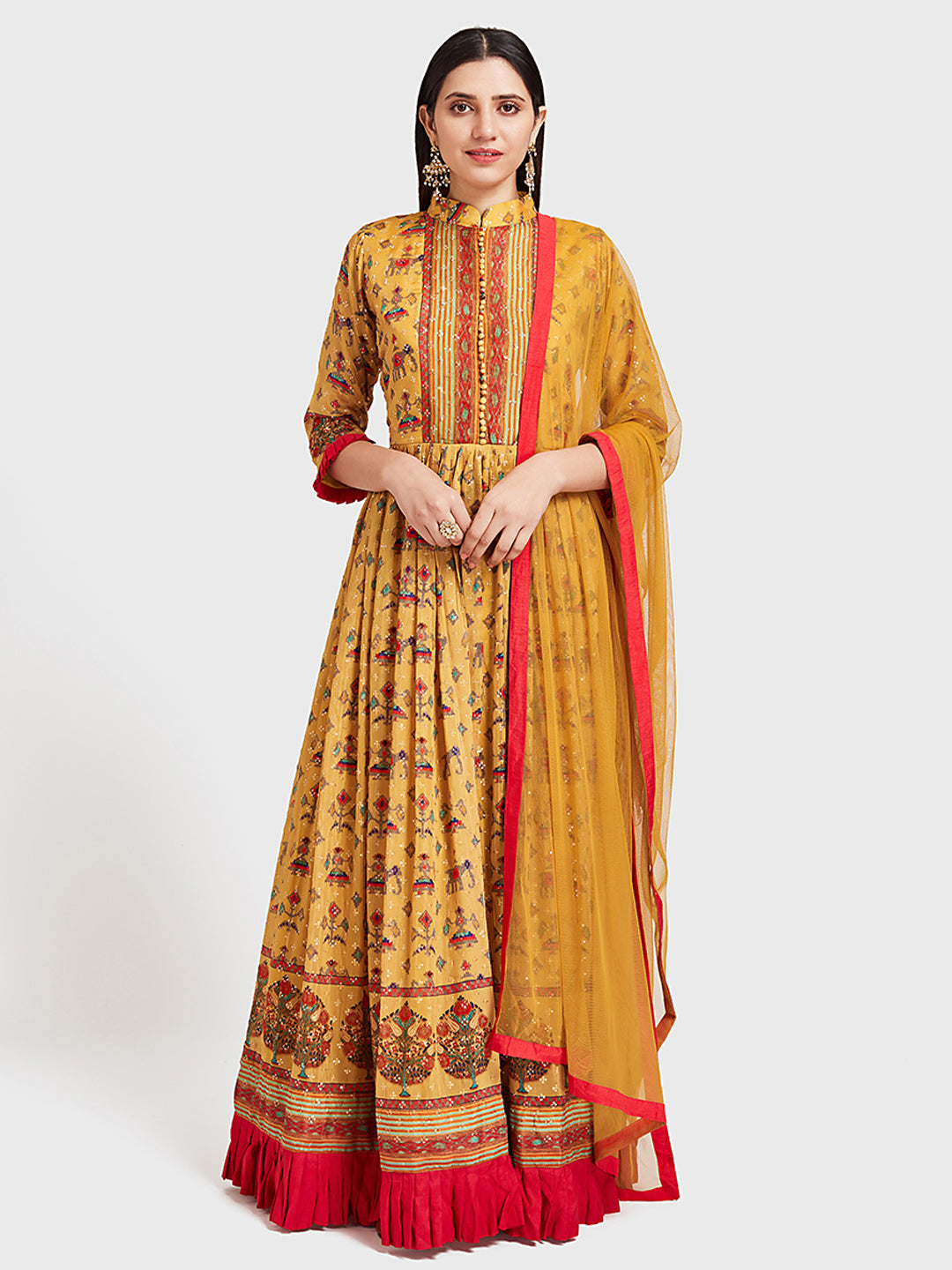 Neerus Yellow Color Silk Fabric Suit-Anarkali