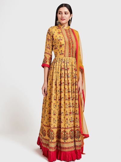 Neerus Yellow Color Silk Fabric Suit-Anarkali