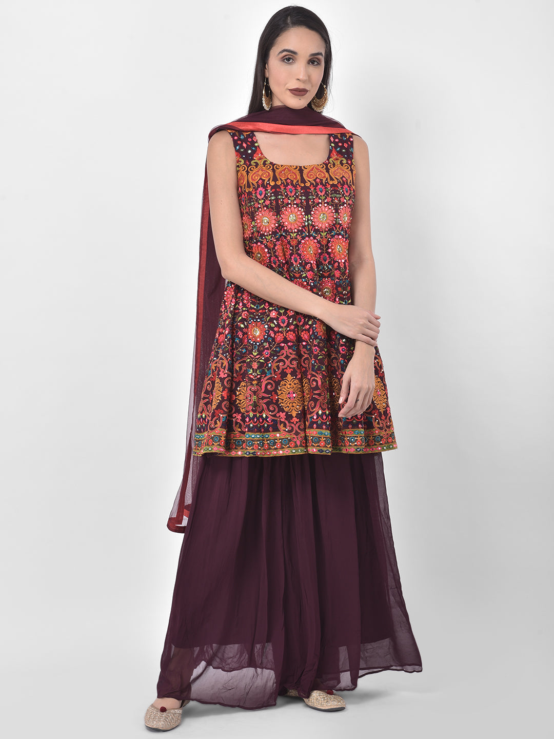 Neerus Maroon embroidered kurta set with skirt and dupatta - front view