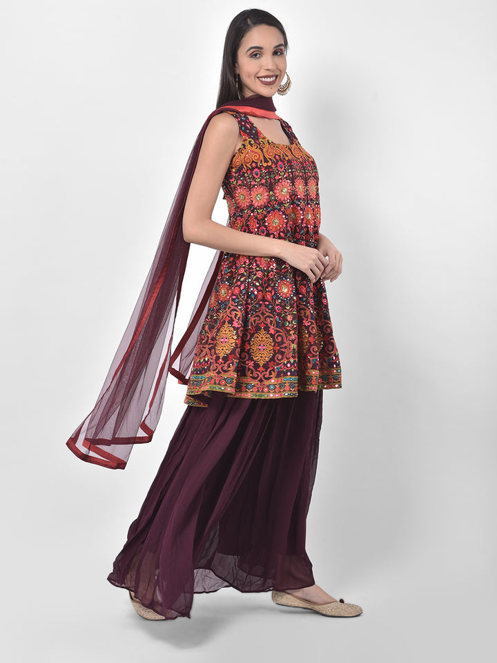 Neerus Maroon embroidered kurta set with skirt and dupatta - back view