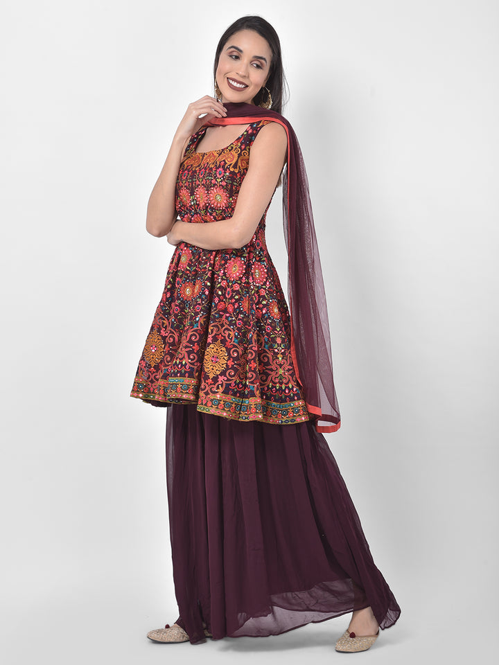 Neerus Maroon embroidered kurta set with skirt and dupatta - side view