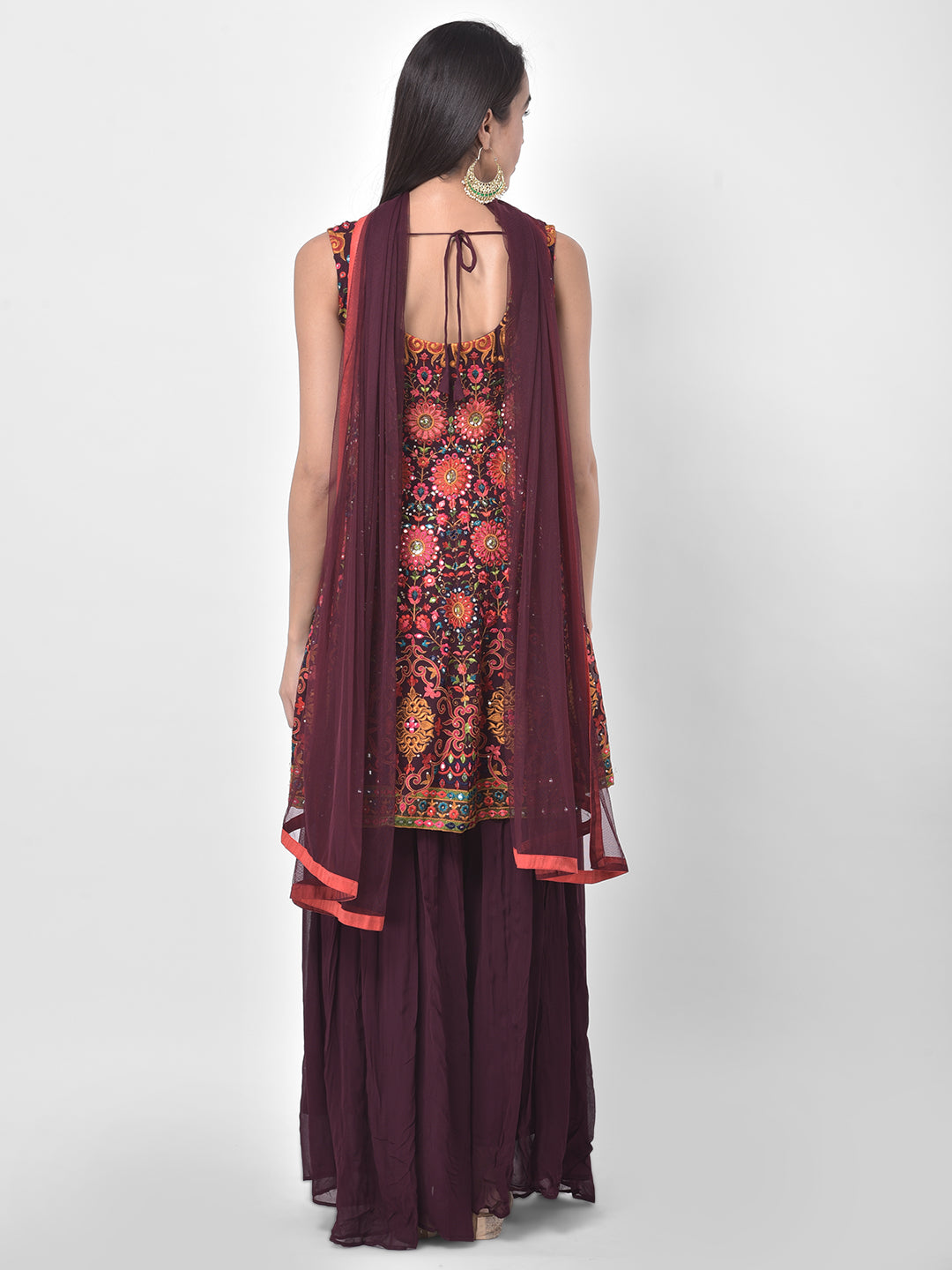 Neerus Maroon embroidered kurta set with skirt and dupatta - detail view 1