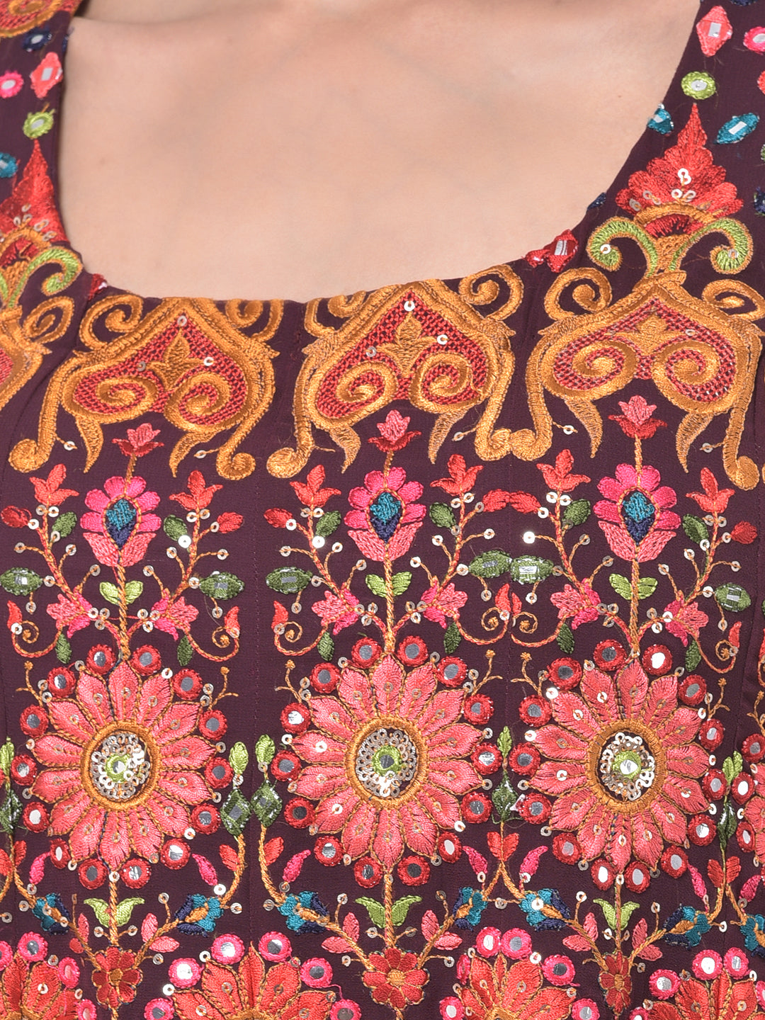 Neerus Maroon embroidered kurta set with skirt and dupatta - detail view 2