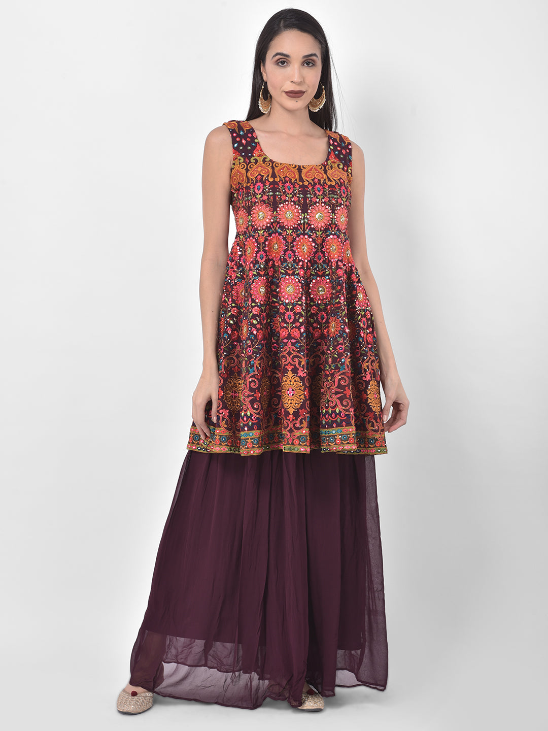 Neerus Maroon embroidered kurta set with skirt and dupatta - detail view 5