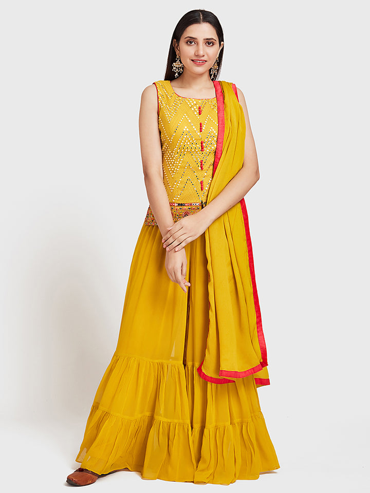 Neerus Yellow georgette anarkali suit set - front view