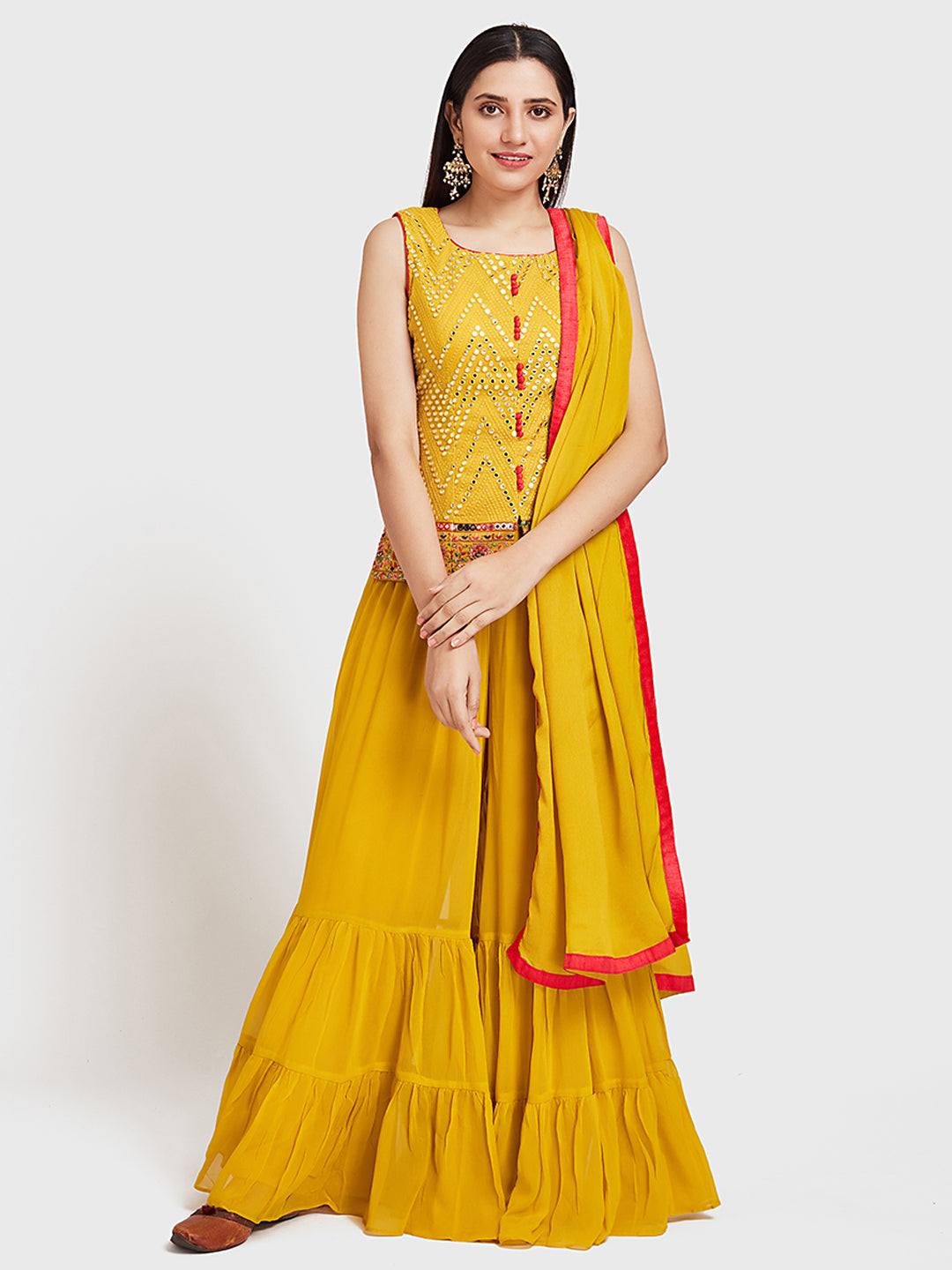 Neerus Yellow Color Georgette Fabric Suit-Short Anarkali