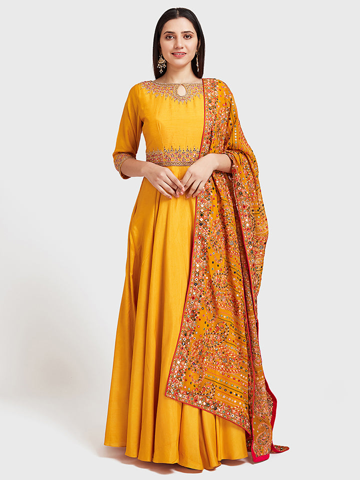 Neerus Yellow silk embroidered Anarkali suit set - detail view 3