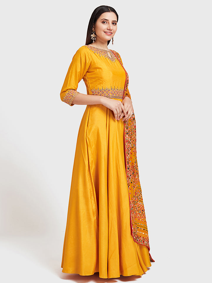 Neerus Yellow silk embroidered Anarkali suit set - front view