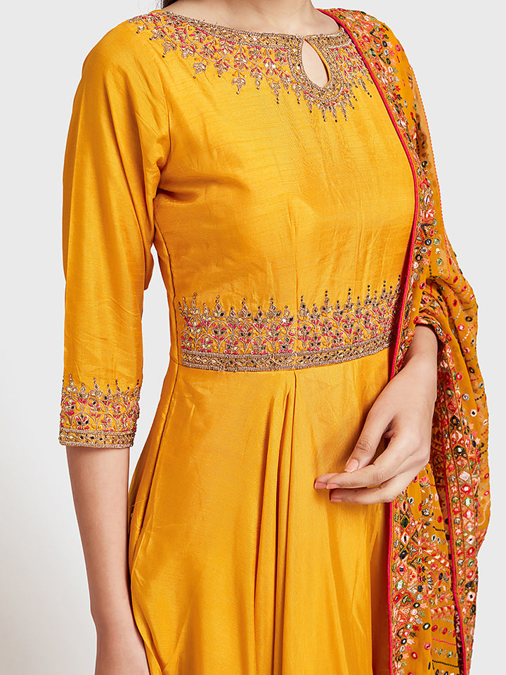 Neerus Yellow silk embroidered Anarkali suit set - back view