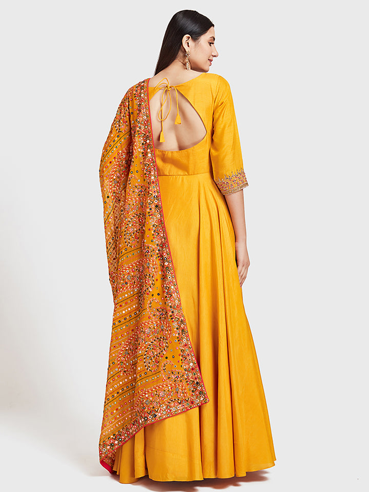 Neerus Yellow silk embroidered Anarkali suit set - detail view 2