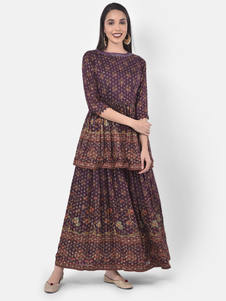 Neerus Purple Embellished Kurta With Skirt & Dupatta