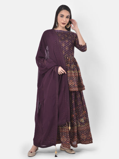 Neeru's Purple Embellished Kurta With Skirt & Dupatta